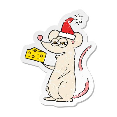 Retro sıkıntılı etiket bir karikatür Noel fare