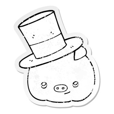 çizgi film domuz bir silindir şapka giyen sıkıntılı etiket