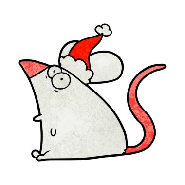 Noel Baba şapkası giyen korkmuş bir fare dokulu çizgi film