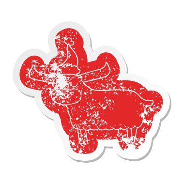 Noel Baba şapkası giyen boğa karikatür sıkıntılı etiket