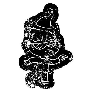 giyen Noel Baba şapkası işaret güneş gözlüğü takıyor bir çocuğun ilginç karikatür sıkıntılı simgesi