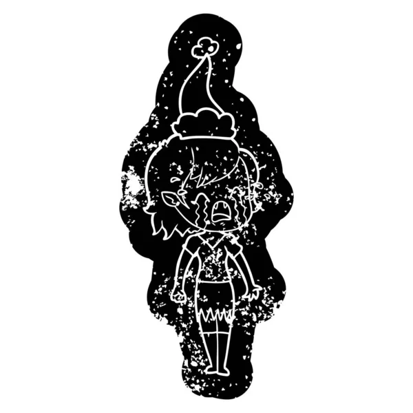 Desenho animado ícone angustiado de uma menina vampiro chorando vestindo santa h — Vetor de Stock
