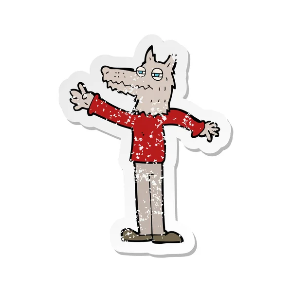Retro Distressed Sticker Cartoon Waving Wolf — Stock Vector