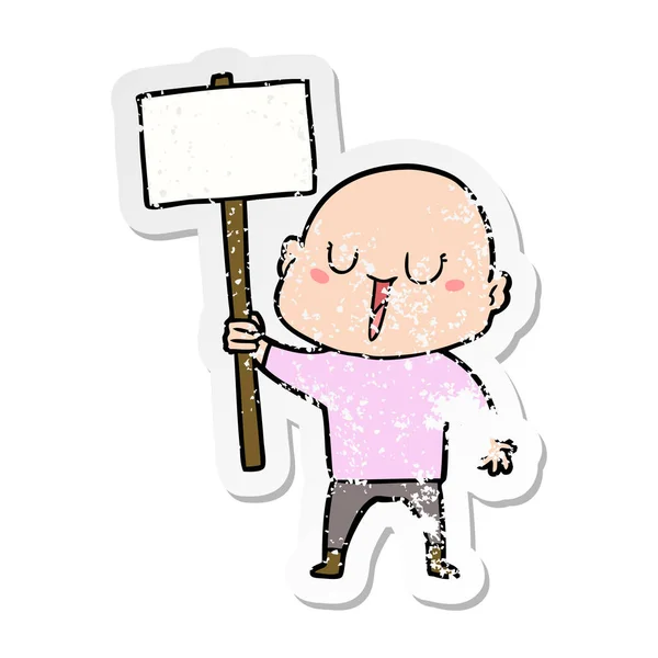 Verontruste sticker van een happy cartoon kale man met teken — Stockvector