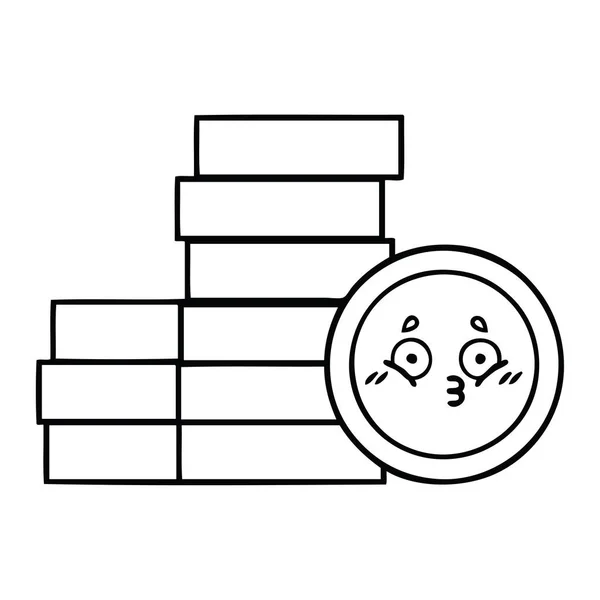 Línea dibujo dibujos animados monedas — Vector de stock