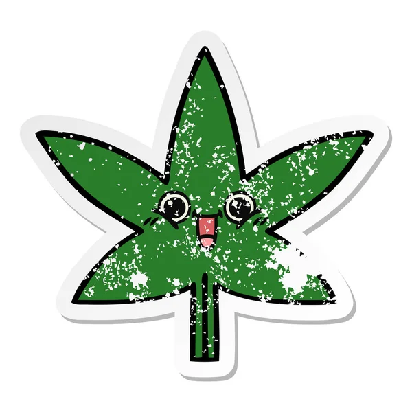 Calcomanía angustiada de una linda hoja de marihuana de dibujos animados — Vector de stock