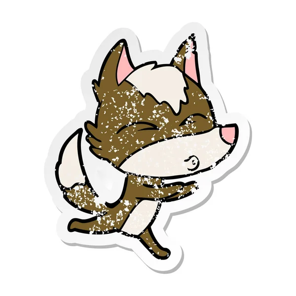 Verontruste sticker van een cartoon wolf fluiten — Stockvector