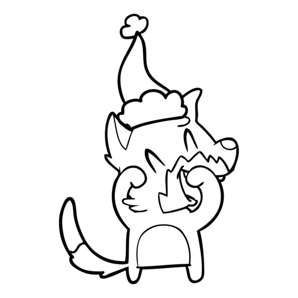Linha de raposa rindo desenho de um chapéu de Pai Natal vestindo —  Vetores de Stock