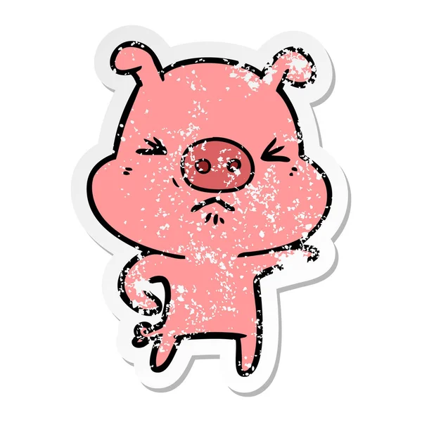 Distressed sticker of a cartoon angry pig — 图库矢量图片