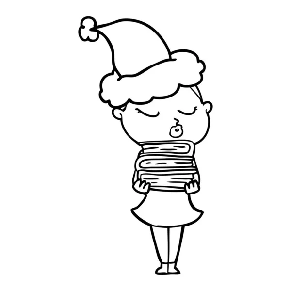 Hand Drawn Line Drawing Calm Woman Wearing Santa Hat — Stock Vector