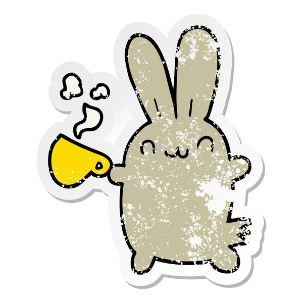 Zoufalý nálepkou roztomilý kreslený králík pití kávy — Stockový vektor