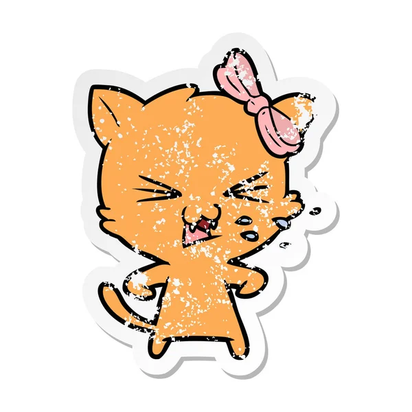 Verontruste Sticker Van Een Cartoon Kat — Stockvector