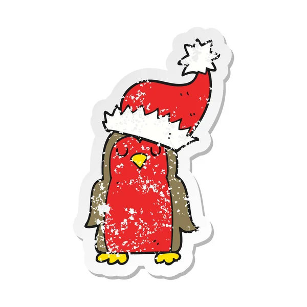 Retro Sıkıntılı Etiket Bir Karikatür Noel Robin — Stok Vektör