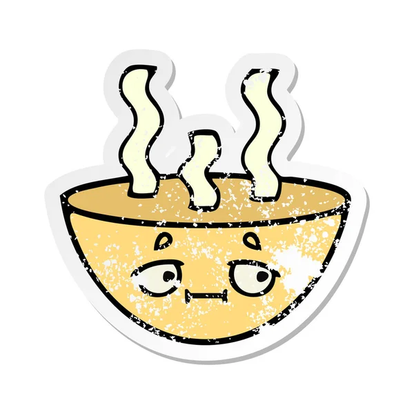 熱いスープのかわいい漫画ボウルの苦しめられたステッカー — ストックベクタ