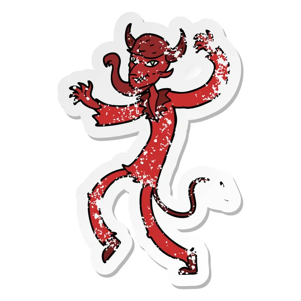 Autocollant Affligé Diable Dansant Dessin Animé — Image vectorielle