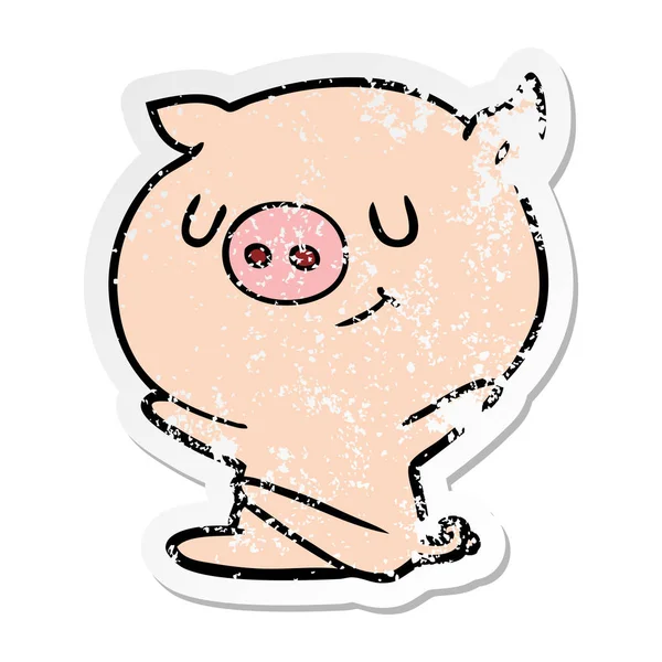 Nödställda klistermärke av en lycklig tecknad gris — Stock vektor