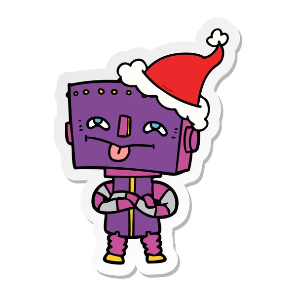 Handgezeichnete Sticker Karikatur Eines Roboters Mit Weihnachtsmütze — Stockvektor