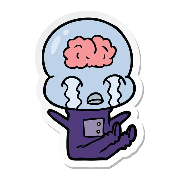 Sticker of a cartoon big brain alien crying — Stock Vector