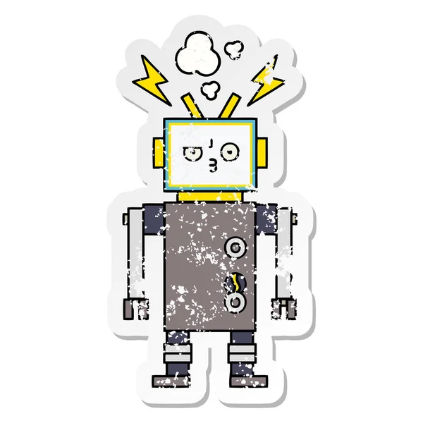 かわいい漫画のロボットの苦しめられたステッカー — ストックベクタ