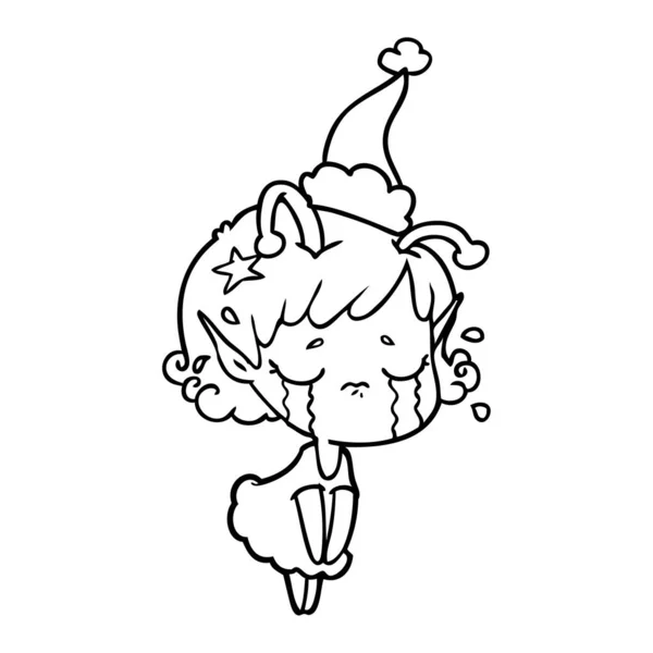 Linje ritning av en gråtande främmande flicka santa hatt — Stock vektor