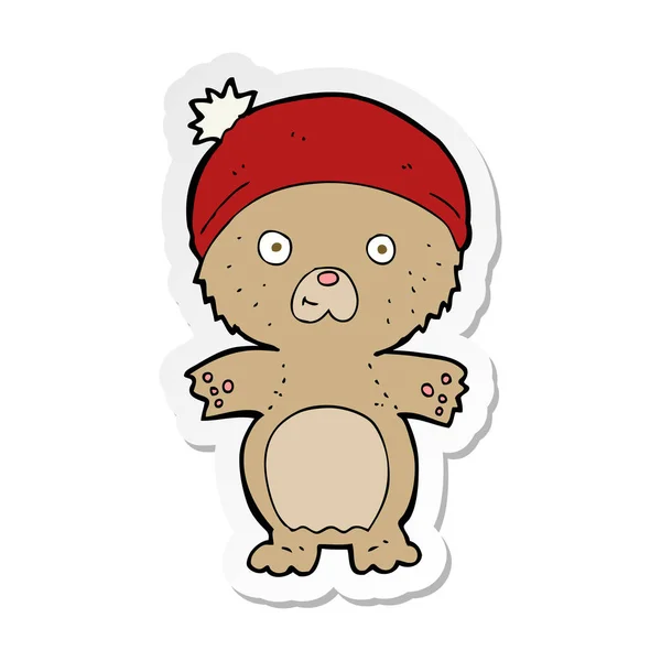 Etiqueta de um urso de pelúcia bonito dos desenhos animados no chapéu — Vetor de Stock