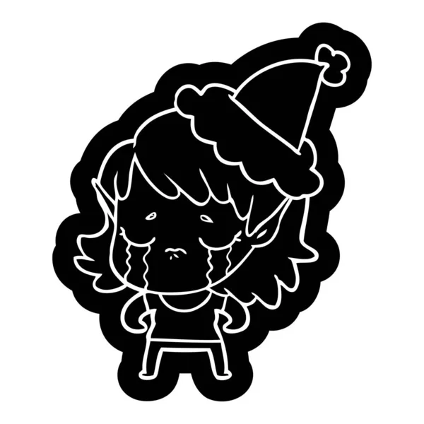 戴着圣诞老人帽子的哭泣的精灵女孩的古怪卡通图标 — 图库矢量图片