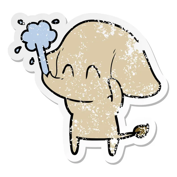Etiqueta angustiada de um bonito elefante desenho animado jorrando água —  Vetores de Stock