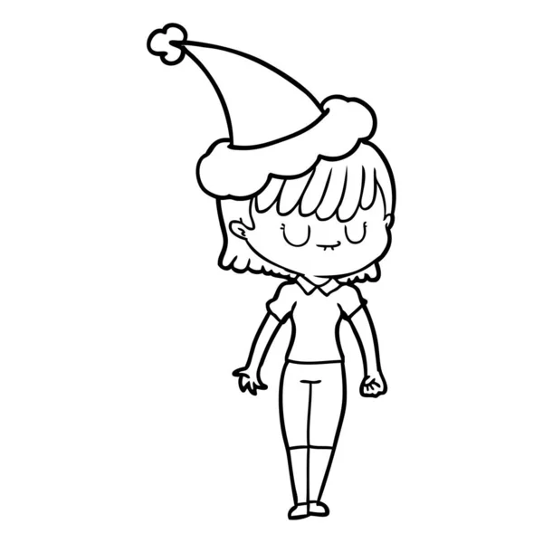 Dibujo Línea Dibujado Mano Una Mujer Con Sombrero Santa — Vector de stock