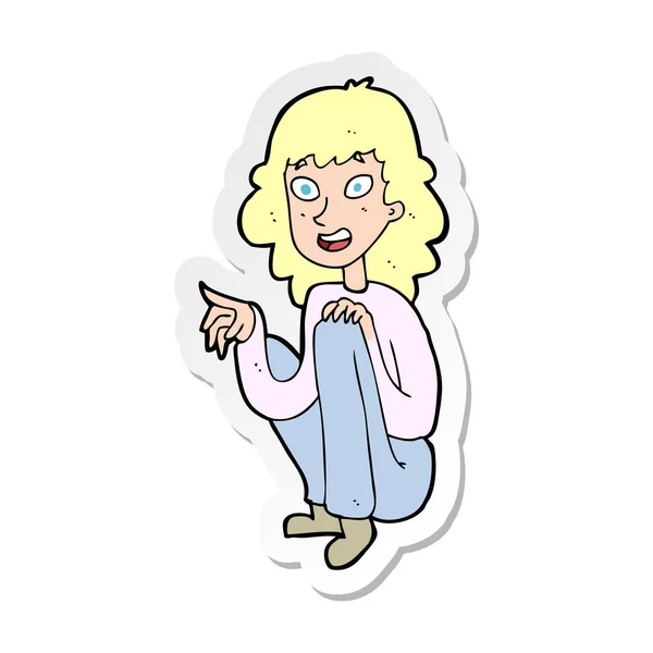 Sticker Cartoon Happy Woman Sitting Pointing — Stock Vector
