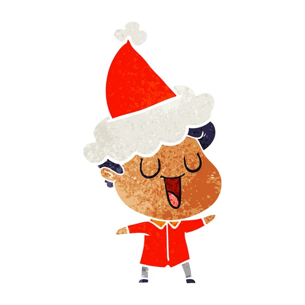 Laughing Hand Drawn Retro Cartoon Man Wearing Santa Hat — Stock Vector