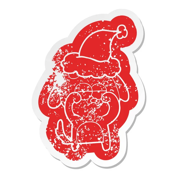 Noodlijdende Sticker Eigenzinnige Cartoon Van Een Vermoeide Hond Dragen Kerstmuts — Stockvector