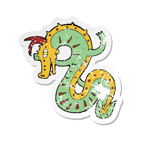 Retro Noodlijdende Sticker Van Een Saksische Dragon Cartoon — Stockvector