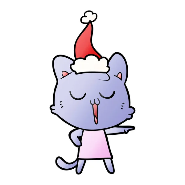 Dibujo Animado Gradiente Dibujado Mano Gato Cantando Con Sombrero Santa — Vector de stock