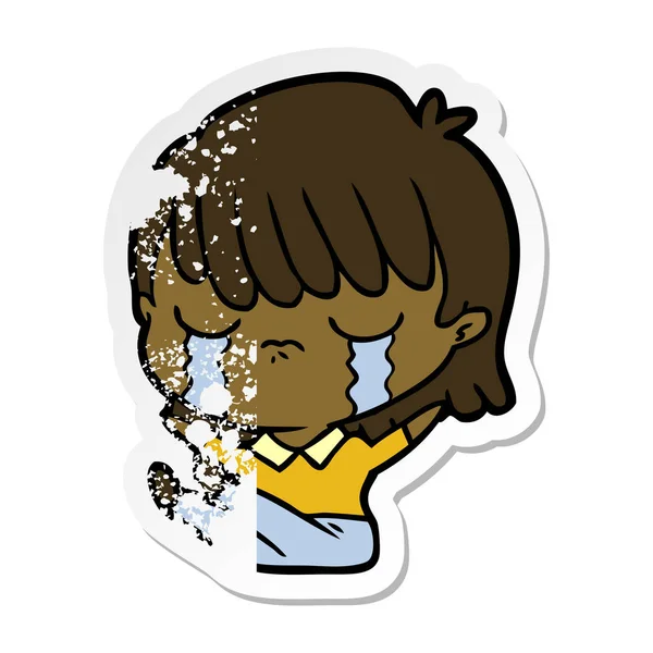 Distressed Sticker Cartoon Woman Crying — Stock Vector