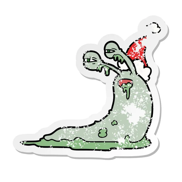 Gross Hand Drawn Distressed Sticker Cartoon Slug Wearing Santa Hat — Stock Vector