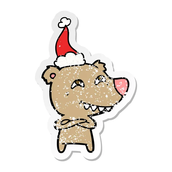 Hand Drawn Distressed Sticker Cartoon Bear Showing Teeth Wearing Santa — Stock Vector