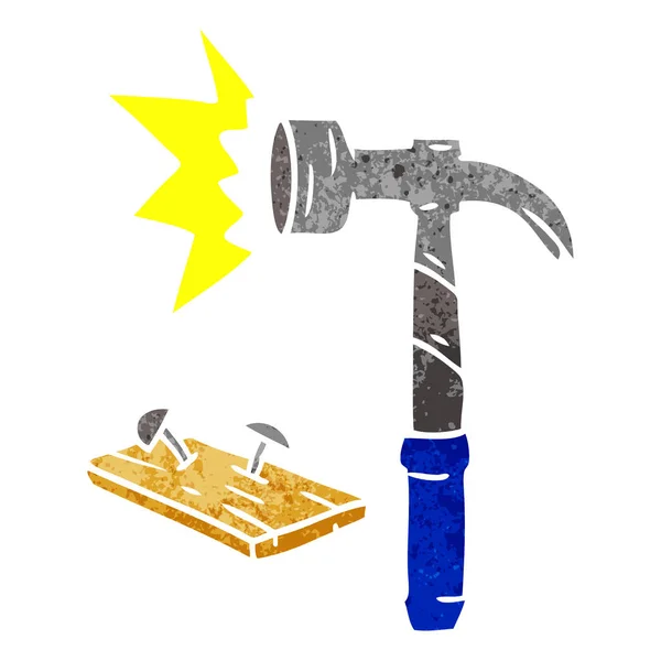 Rabisco de desenho animado retro de um martelo e pregos —  Vetores de Stock