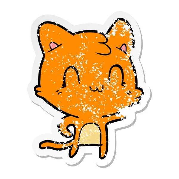 Verontruste sticker voor een tekenfilm happy cat wijzen — Stockvector