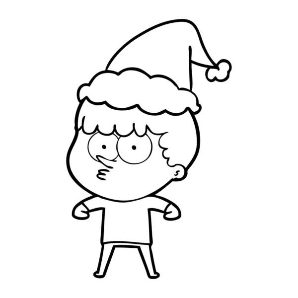 Línea de dibujo de un niño curioso con sombrero de santa — Vector de stock