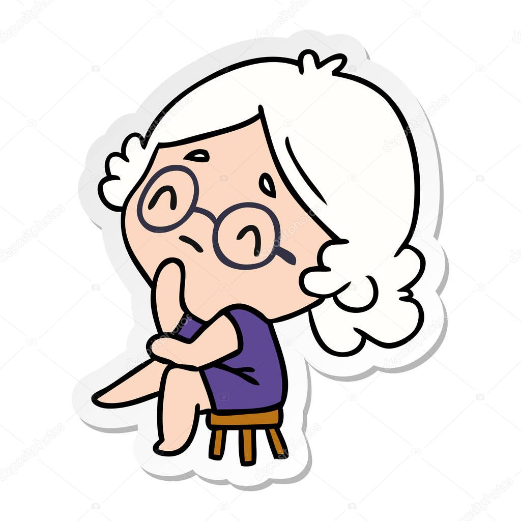 sticker cartoon illustration of a cute kawaii lady thinking