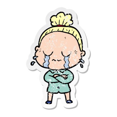 bir çizgi film ağlayan yaşlı kadının sıkıntılı etiket