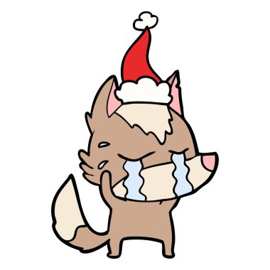 çizim için Noel Baba şapkası giyen ağlayan kurt el çekilmiş