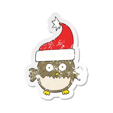 Retro etiket Noel şapka giymiş bir karikatür baykuş sıkıntılı