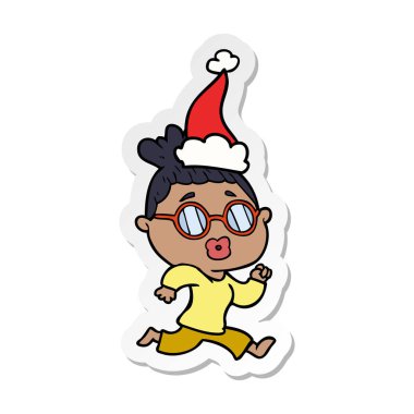 etiket karikatür Noel Baba şapkası giyen gözlük takan bir kadının el çekilmiş