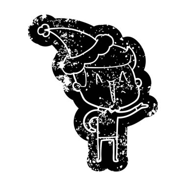 Noel Baba şapkası giyen bir heyecanlı adamın ilginç karikatür sıkıntılı simgesi