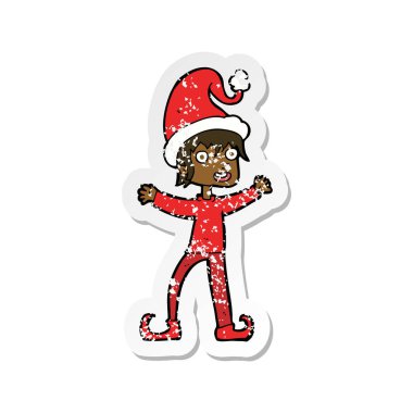 Retro sıkıntılı etiket bir karikatür Noel elf heyecanlı