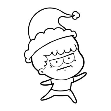 çizim için Noel Baba şapkası giyen rahatsız bir adamın el çekilmiş