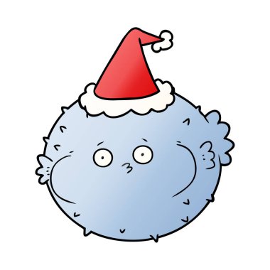 Noel Baba şapkası giyen bir kirpi balığı balık degrade çizgi film el çekilmiş