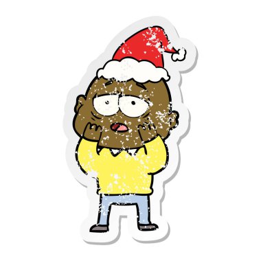 yorgun bir kel adam Noel Baba şapkası giyen sıkıntılı etiket karikatür