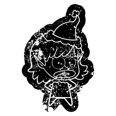 Noel Baba şapkası giyen bir şok elf kız çizgi film sıkıntılı simgesi